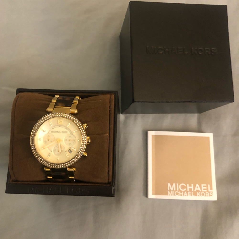 Tortoise and Gold Tone Pave Michael Kors Watch